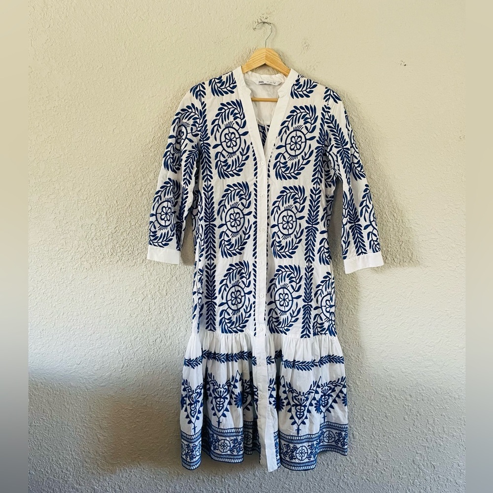 Zara Blue & White Embroidered Midi Dress